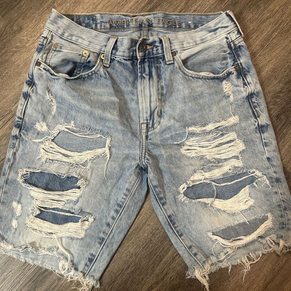 American Eagle Men Size 31 Light Wash Ripped Patched Denim Shorts 90s Classic